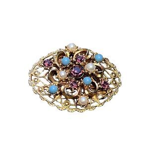Vintage AUSTRO-HUNGARIAN Pearl Amethyst & Aqua Turquoise Filigree  Brooch